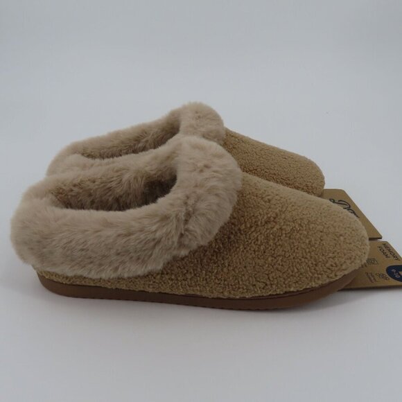 Dearfoams Women Large 9-10 Beige Fuzzy Memory Foam Indoor Outdoor Slippers NEW - Picture 7 of 14